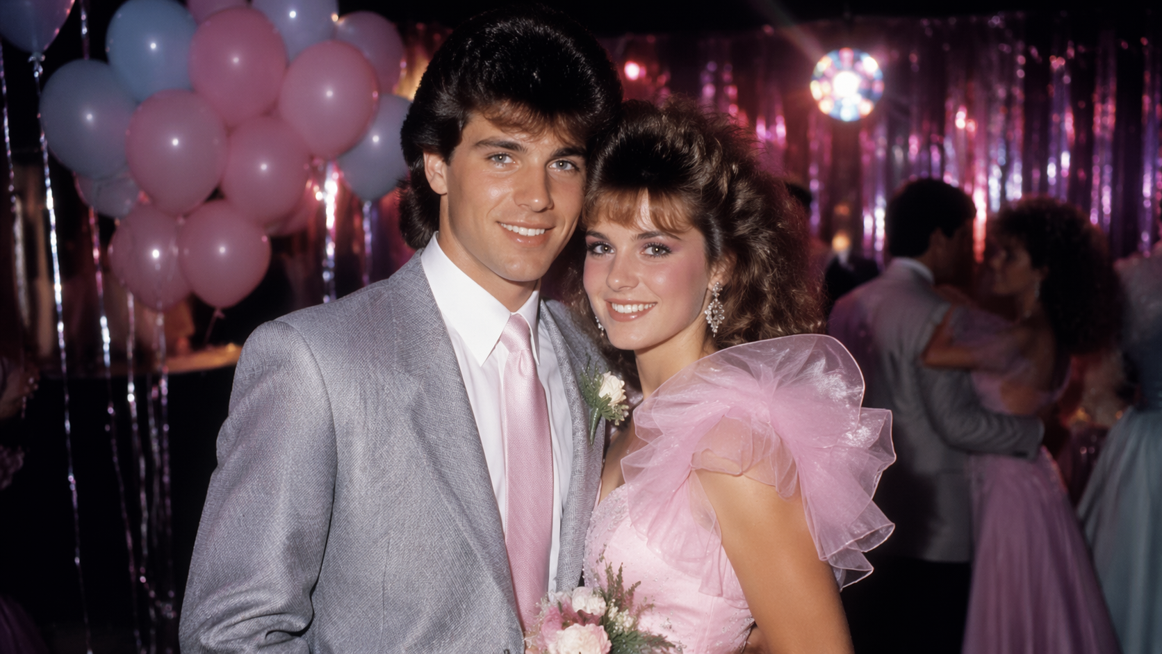 Dreamina 1980s Prom Photo Filter prompt example 5: Neon Gym Prom Night