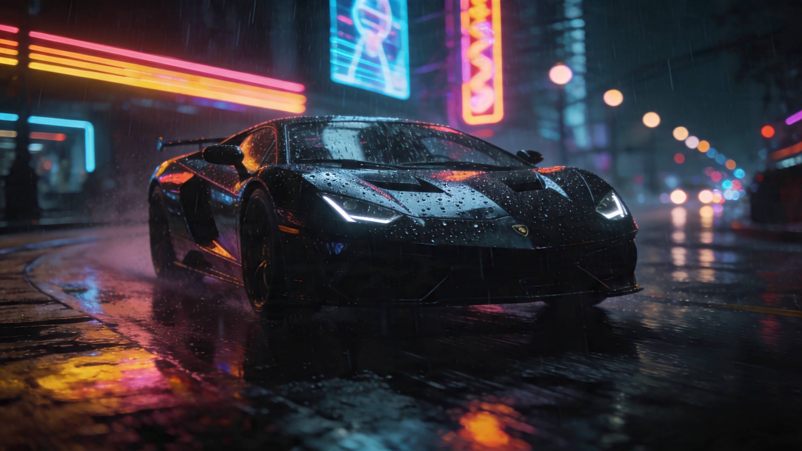 รถสปอร์ตสุดหรูขับผ่านถนนในเมืองที่ฝนตกและมีแสงนีออนในเวลากลางคืน