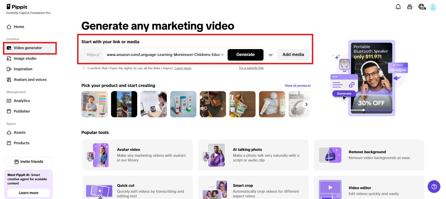 Enter produc link or add media