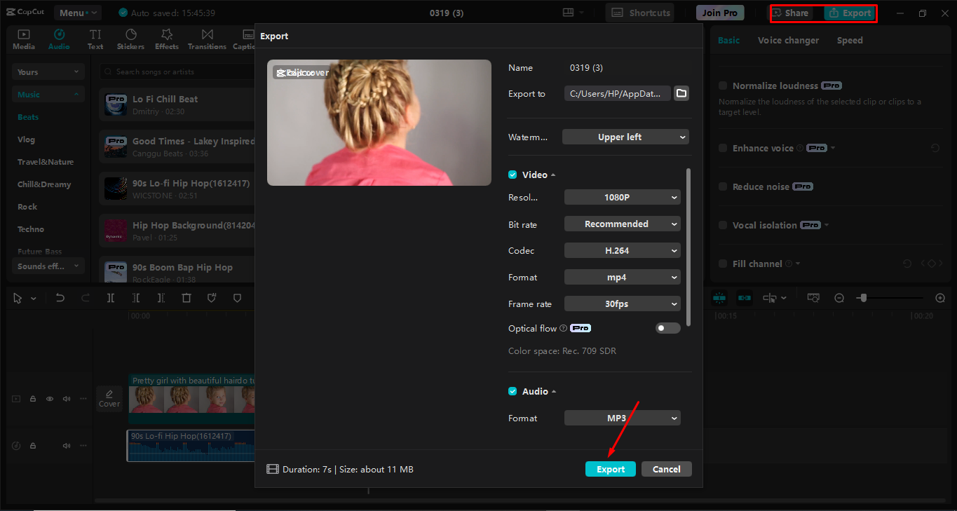 Exportation de la vidéo depuis l' CapCut éditeur vidéo de bureau