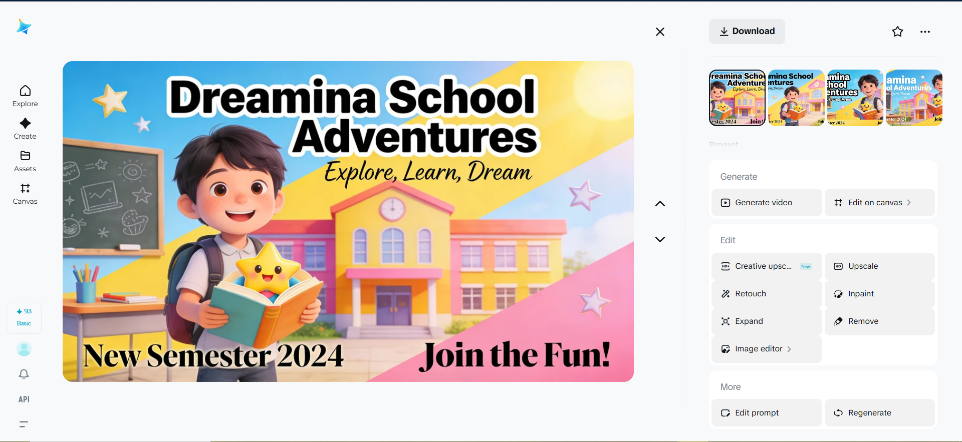 Interface of Dreamina showing a school poster design
