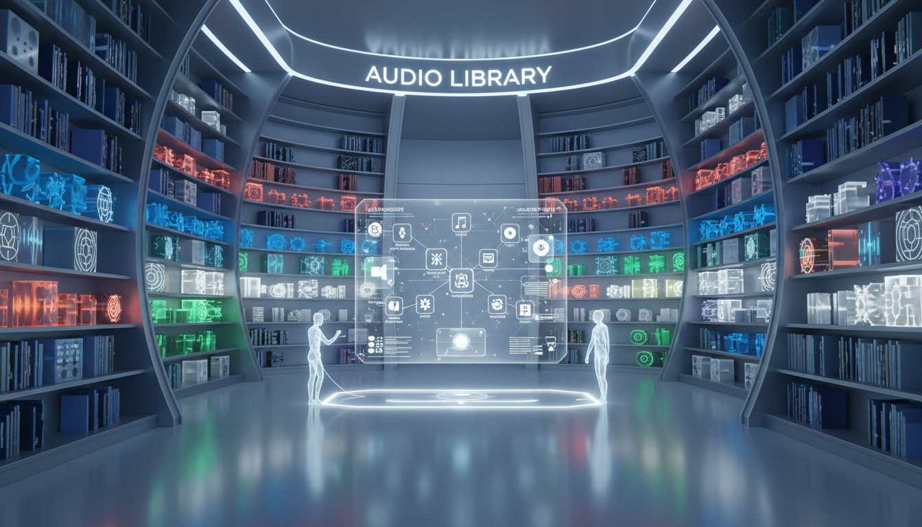 Una rappresentazione visivamente sbalorditiva ed esteticamente gradevole di una vasta libreria di musica ed effetti sonori, in uno stile moderno e pulito.
