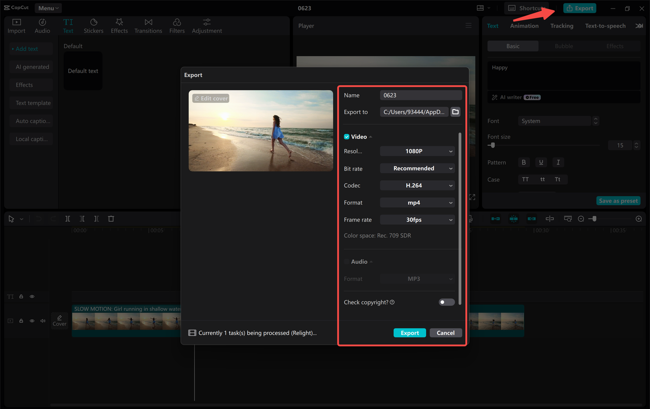 Exportation de médias avec voix AI générée depuis l'éditeur vidéo de bureau CapCut