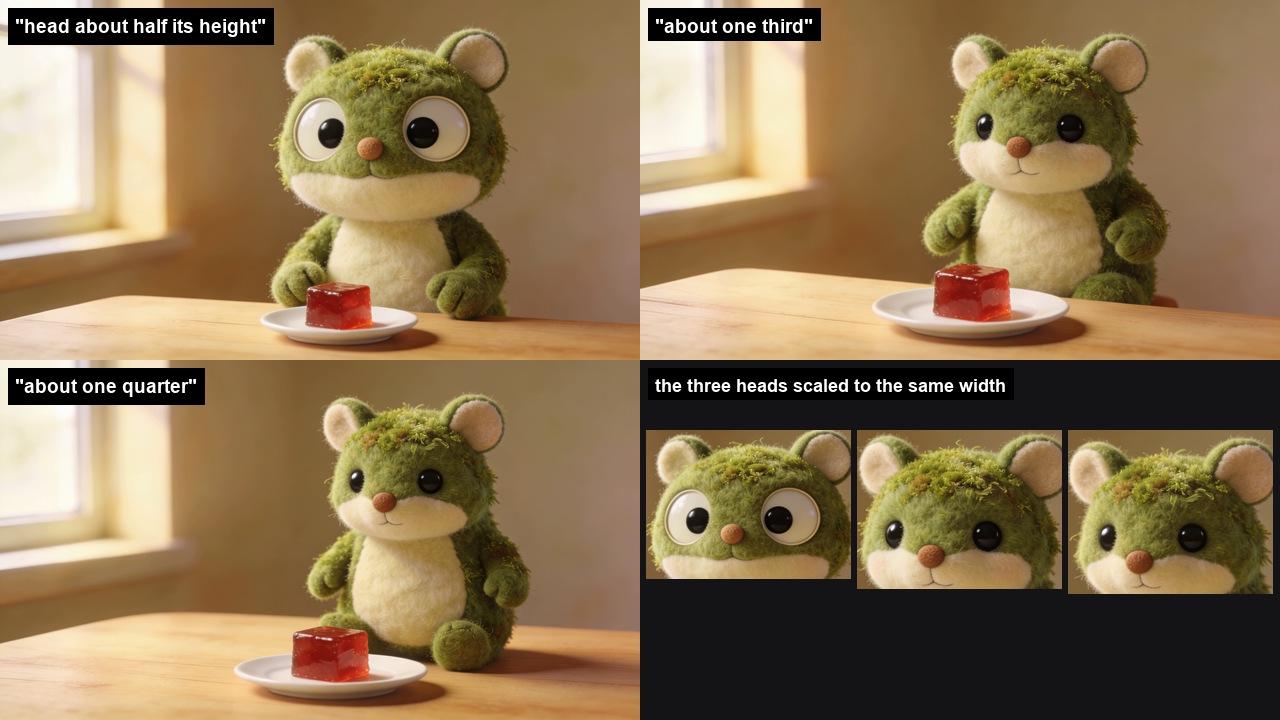 Three versions of the same small green felted creature at a table with a cube of red jelly, with progressively smaller heads and eyes, and a fourth panel showing the three heads scaled to the same width side by side.