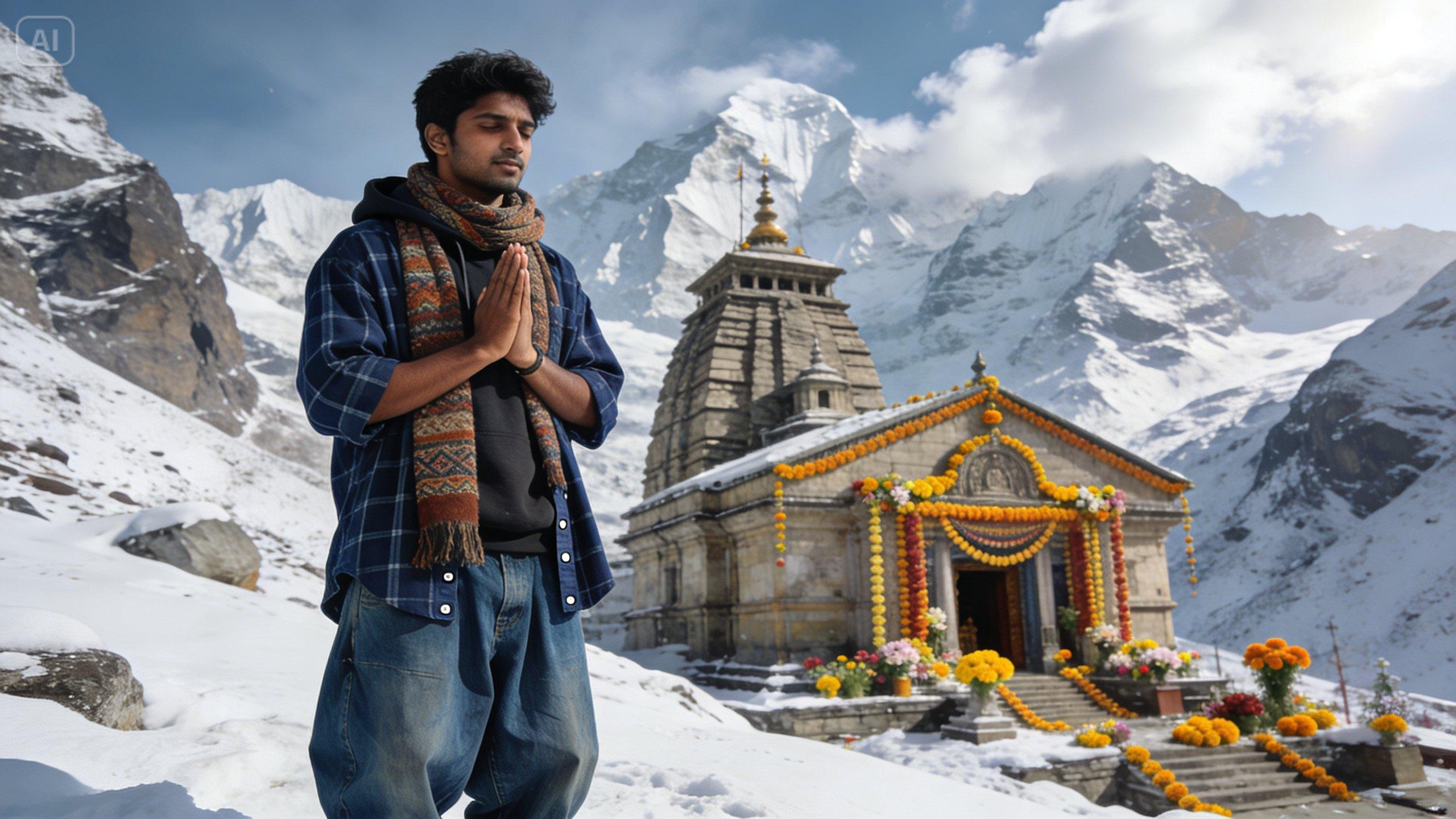 Avantage visuel : conception respectueuse du temple de Kedarnath axée sur les itinéraires, les icônes météo et les listes de contrôle de sécurité.
