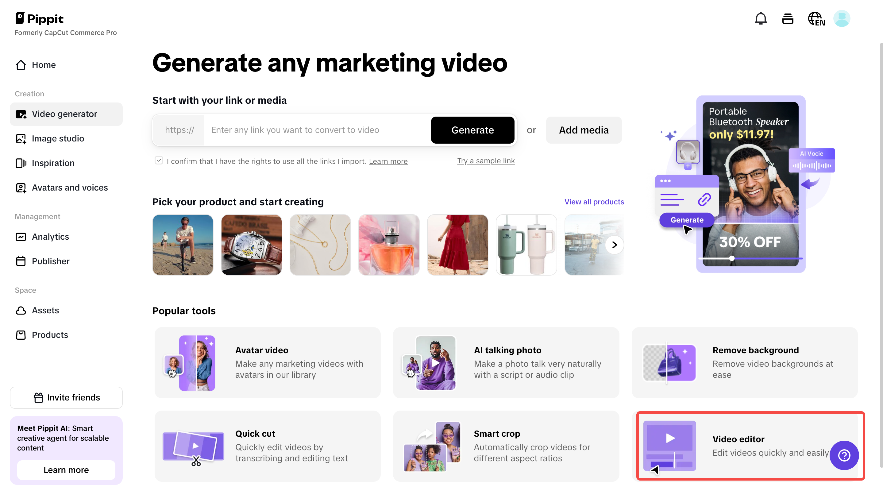Click Video editor and upload your video