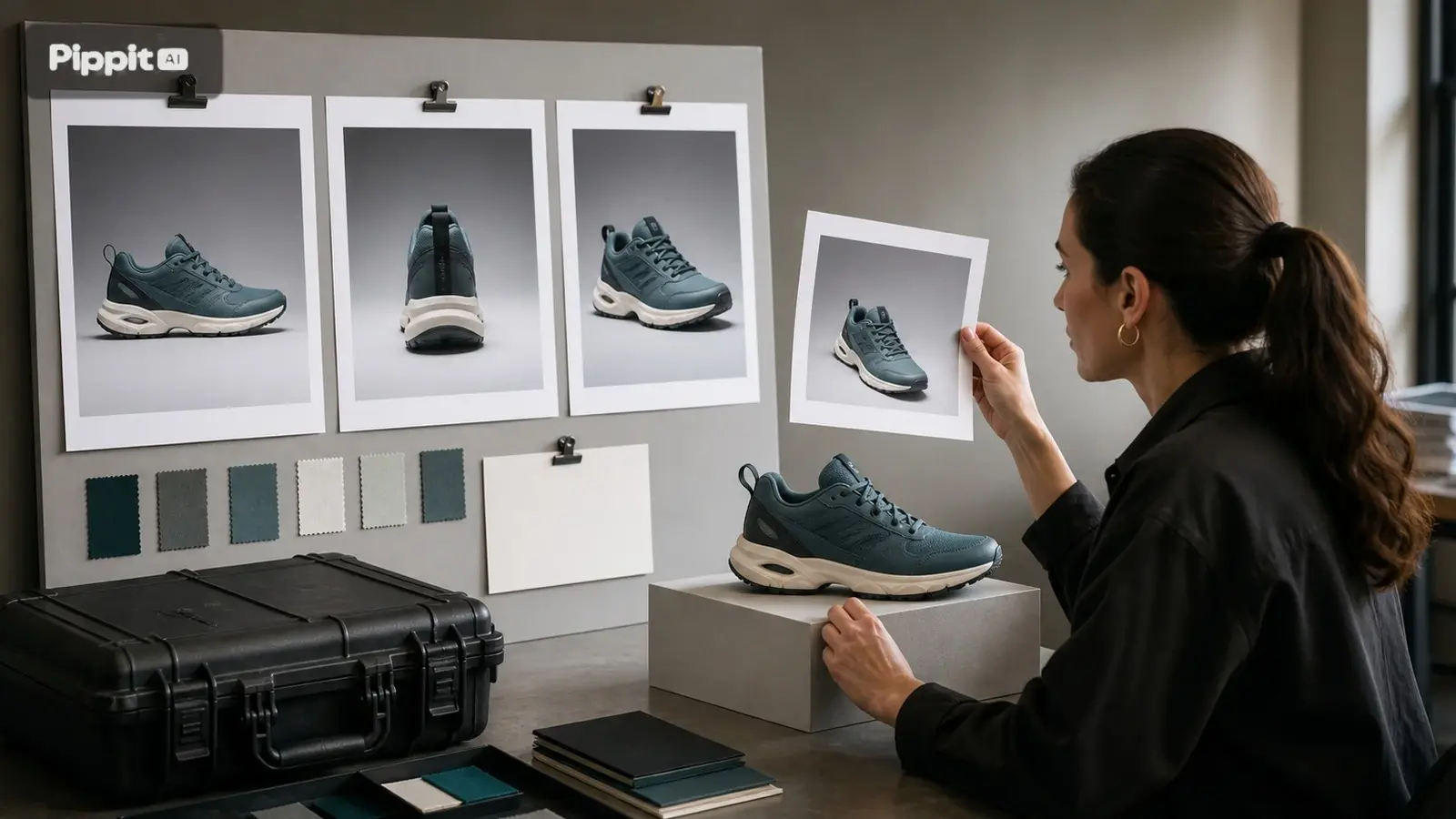 Kvinna granskar produktfoton av sneakers och färgprover på en designbräda.