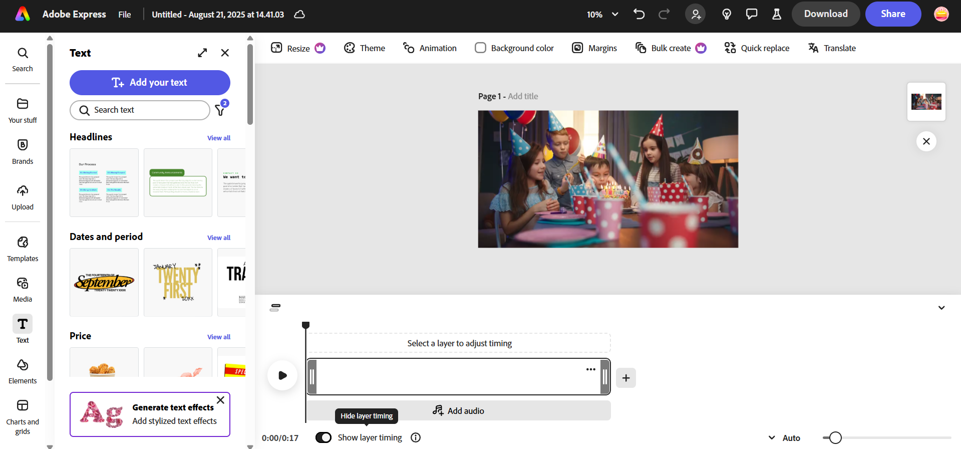 Interface do Adobe Express