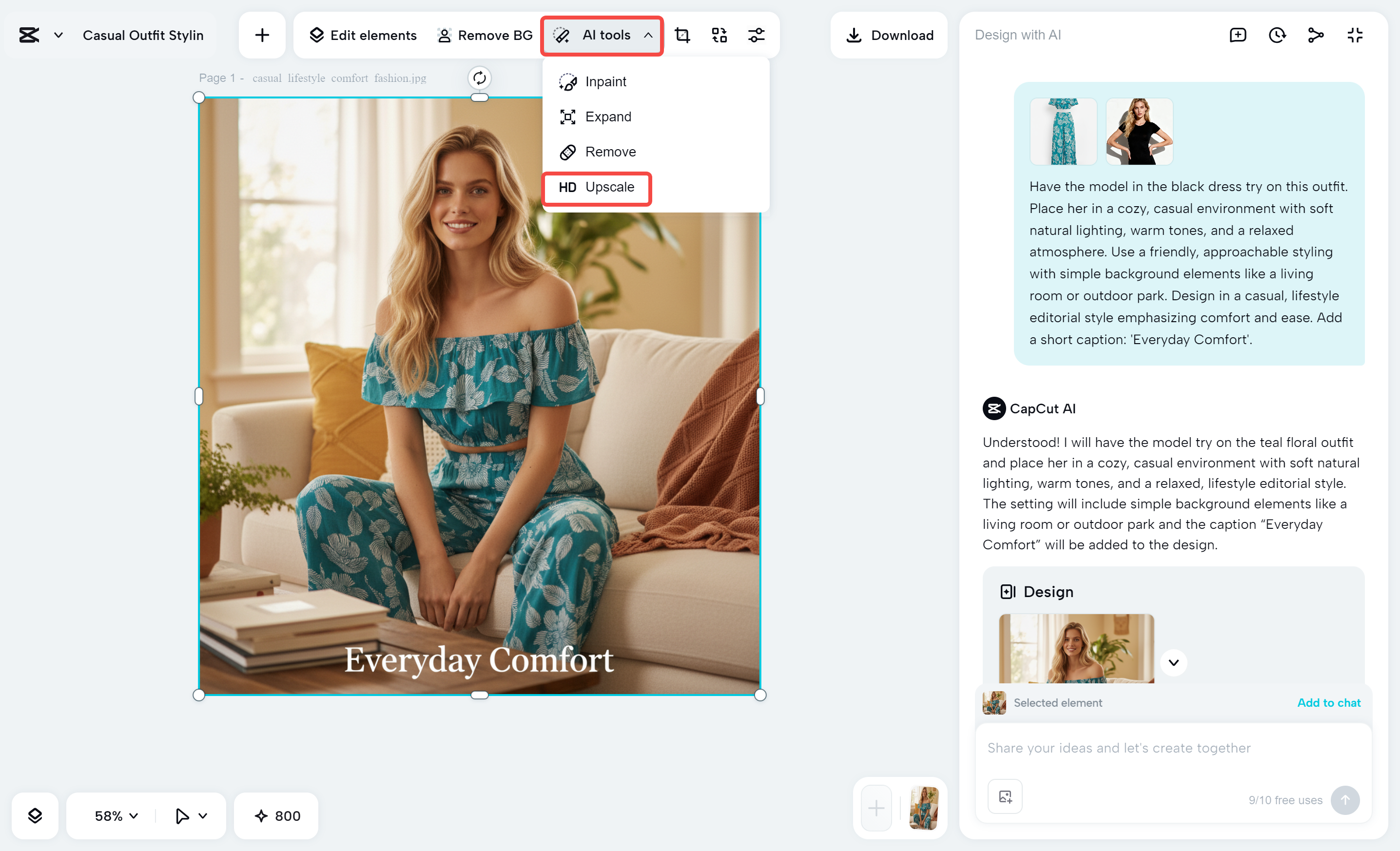CapCut AI tools menu open above a fashion portrait with the HD Upscale option highlighted