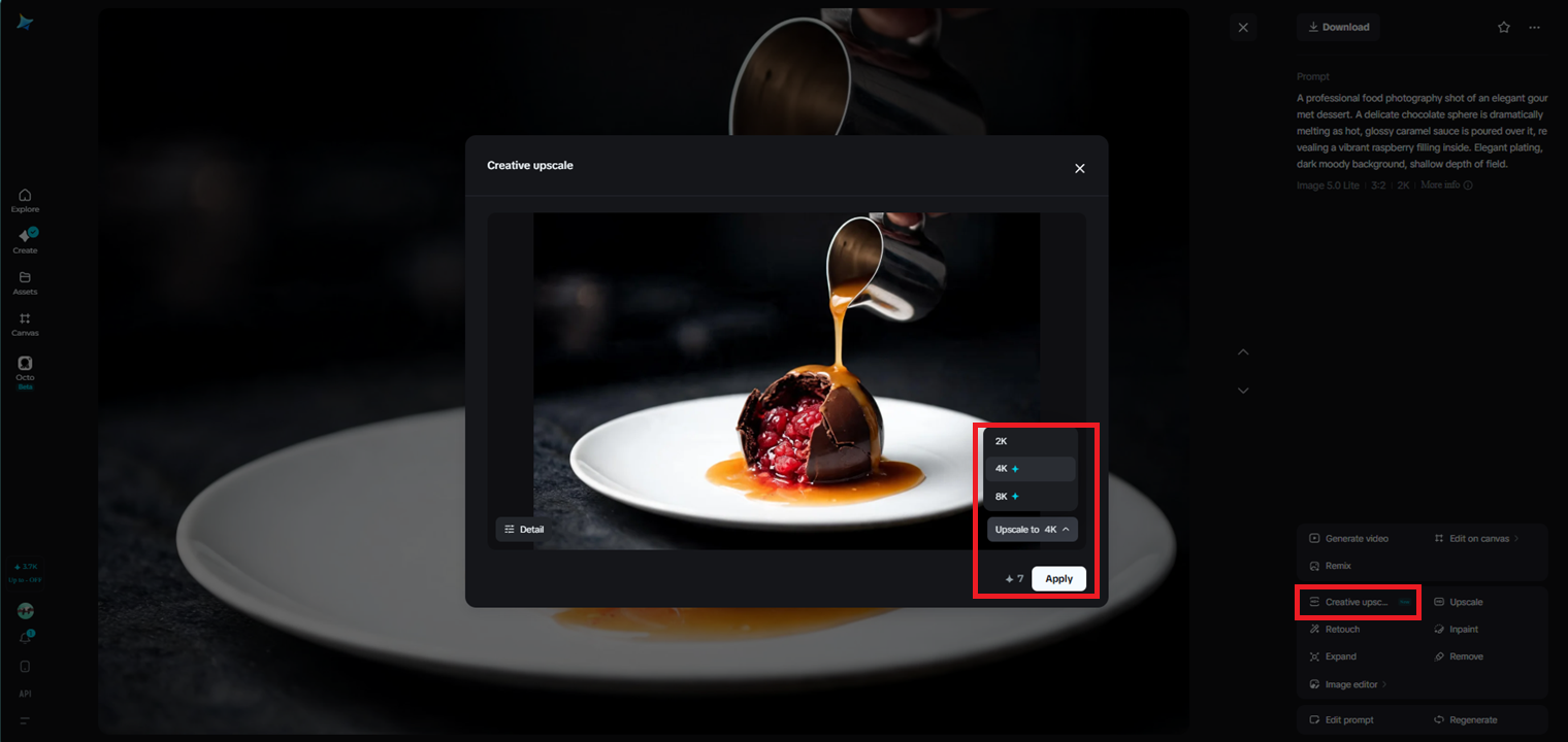 Creative upscale feature in Dreamina