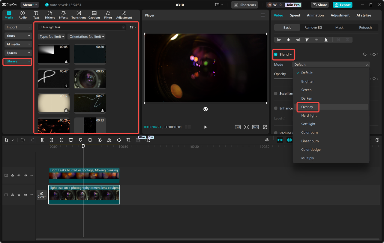 Applying light leak overlay to video in CapCut desktop video editor