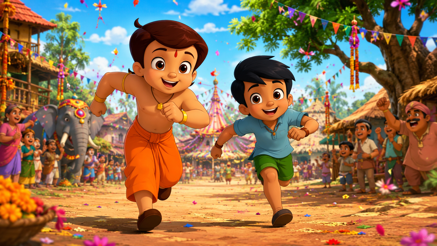 Dreamina Chota Bheem e Raju AI Esempio di prompt video 3: Momento di azione colorato