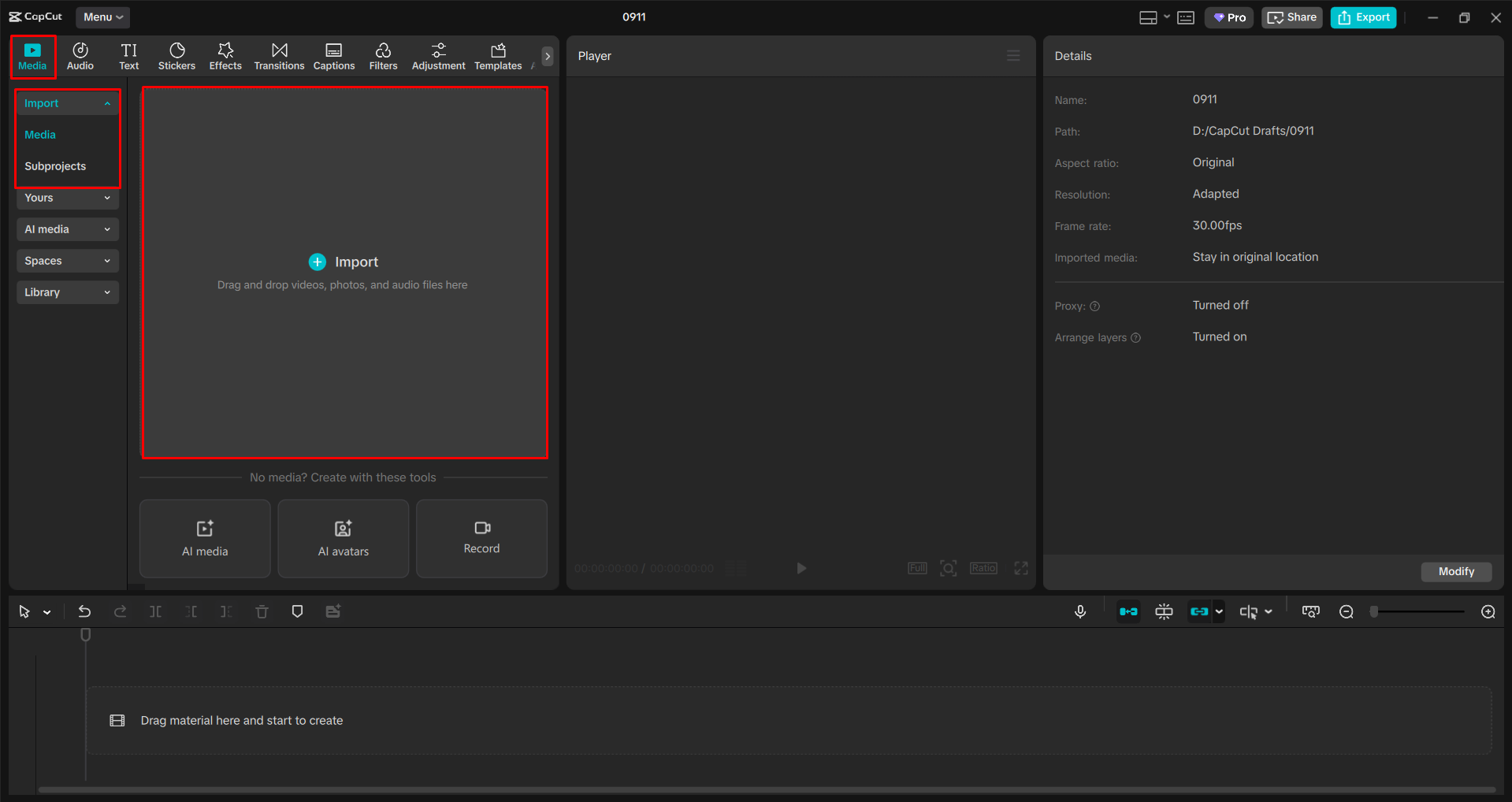 Importazione di clip video nell' CapCut editor video desktop