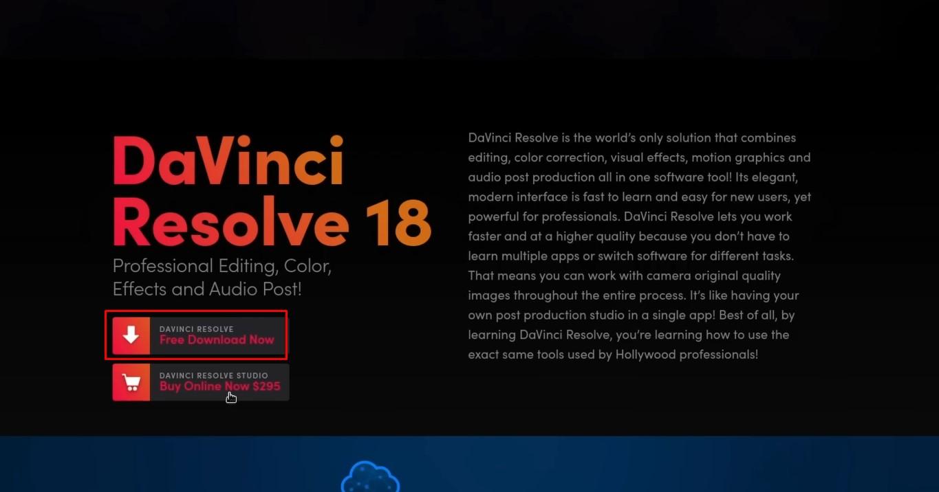 Öffnen Sie die Website, um DaVinci Resolve unter Linux herunterzuladen