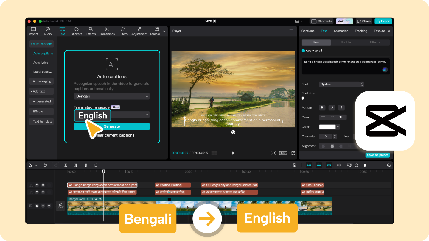 Terjemahan suara Bengali ke bahasa Inggris