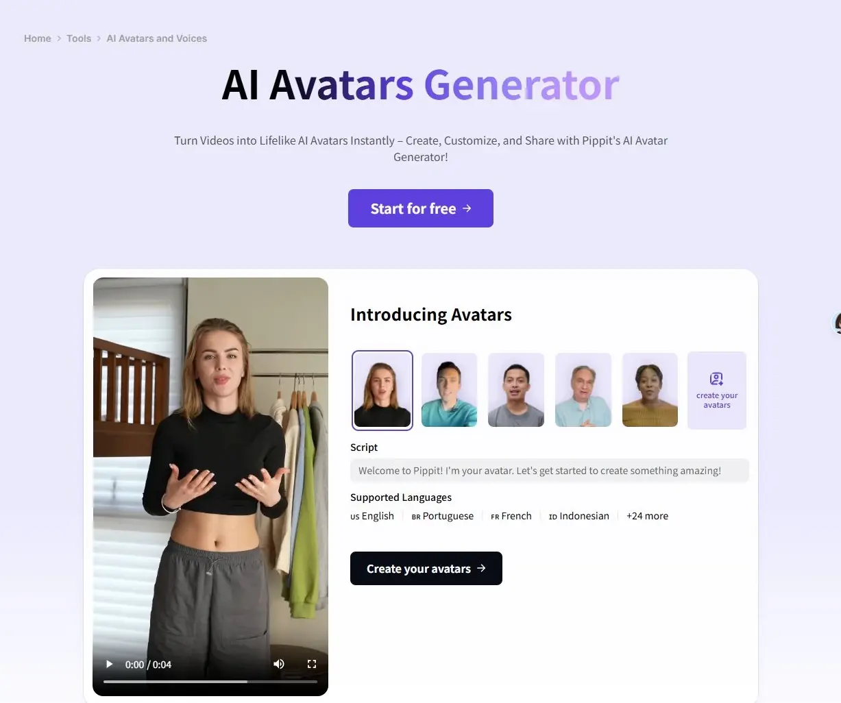Página web del Generador de Avatares de IA con vista previa de un avatar de mujer y botón de crear avatares