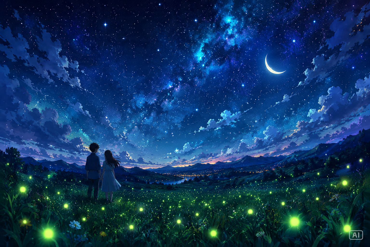 Widescreen watercolor pastoral anime firefly meadow wallpaper generated by Pippit