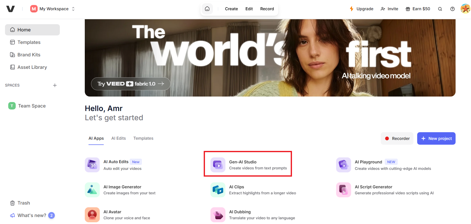 Access Gen-AI Studio on VEED
