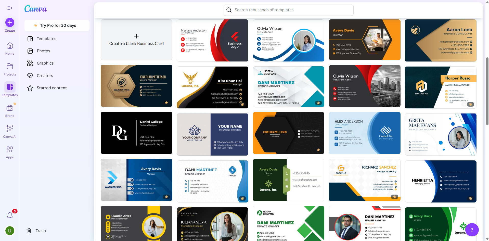 Interfaccia di Canva - un sito prezioso per trovare modelli gratuiti di biglietti da visita.