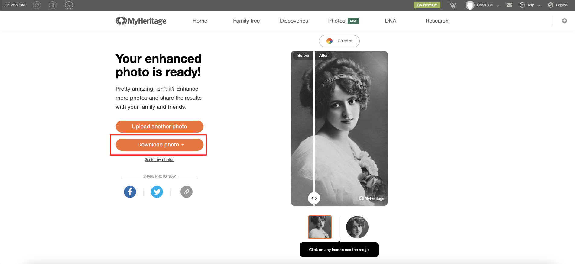 Coût de l'outil d'amélioration photo MyHeritage