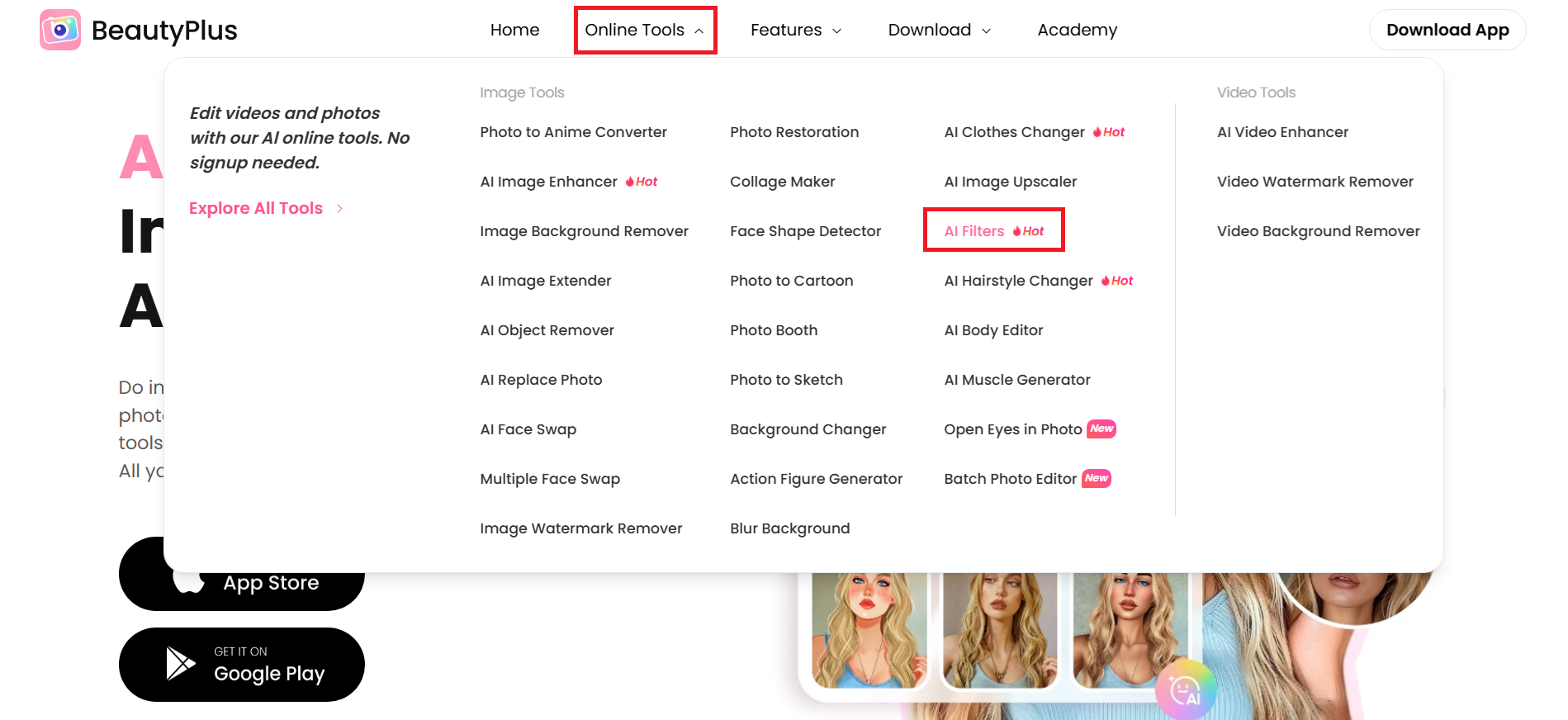 Öppna AI-filterverktyget på BeautyPlus