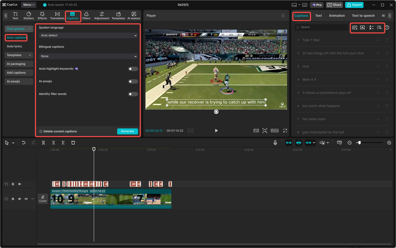 CapCut auto-caption editor with subtitle text over a video and a caption timeline