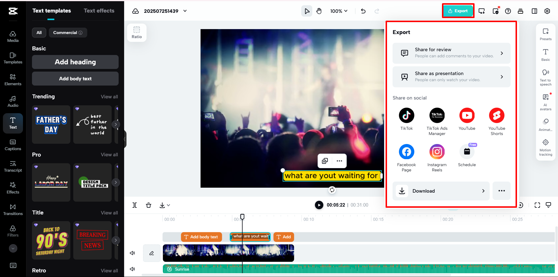 Opzioni di esportazione nell'editor video online di CapCut
