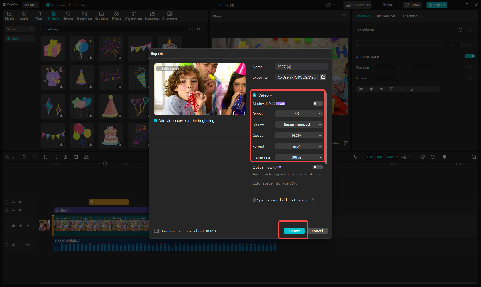 Születésnapi videó exportálása és megosztása
