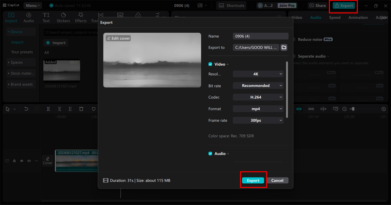 Exportieren von Videos aus dem CapCut Desktop Video Editor