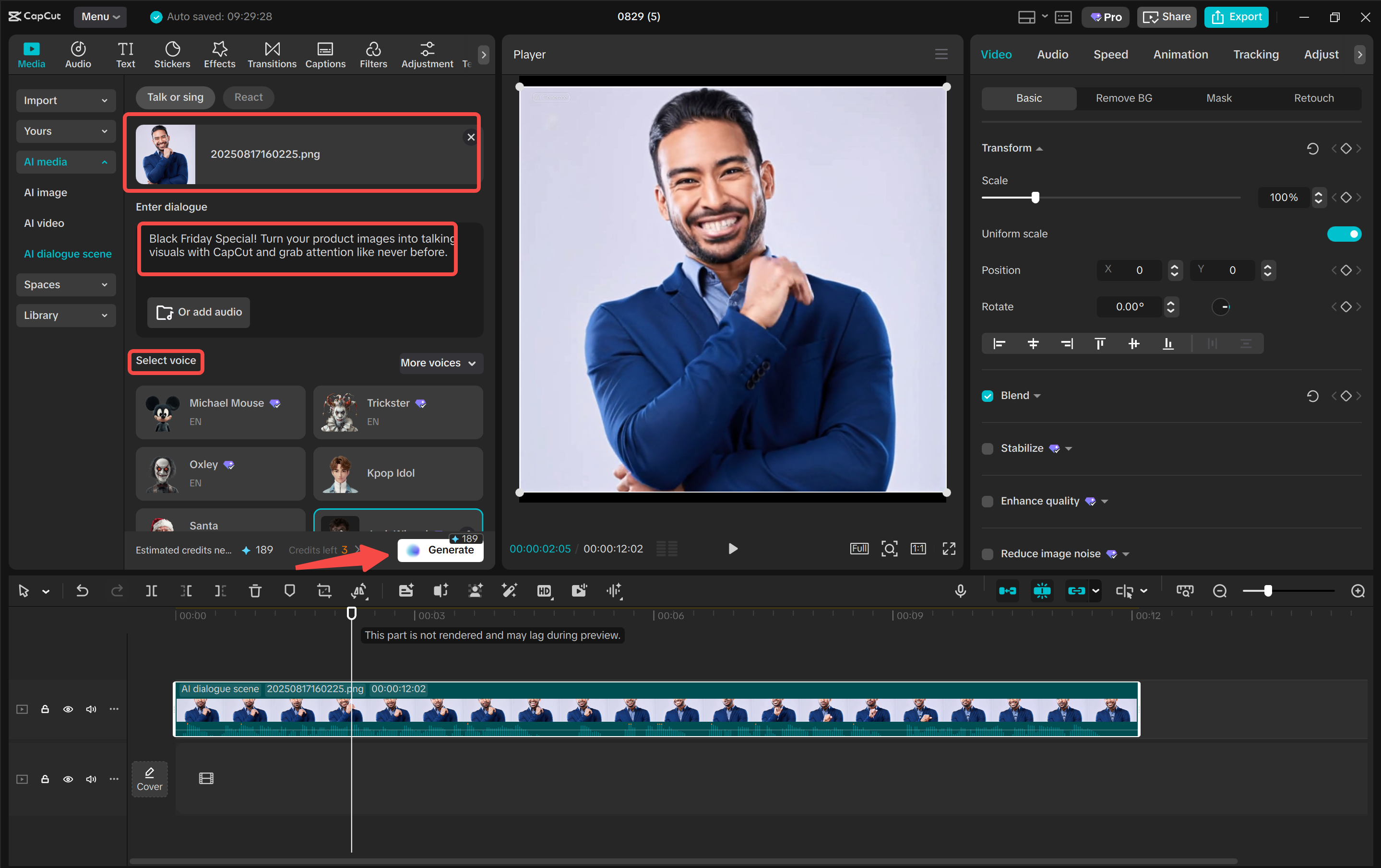 Scrivere uno script e generare una scena di dialogo AI nell' CapCut editor video desktop