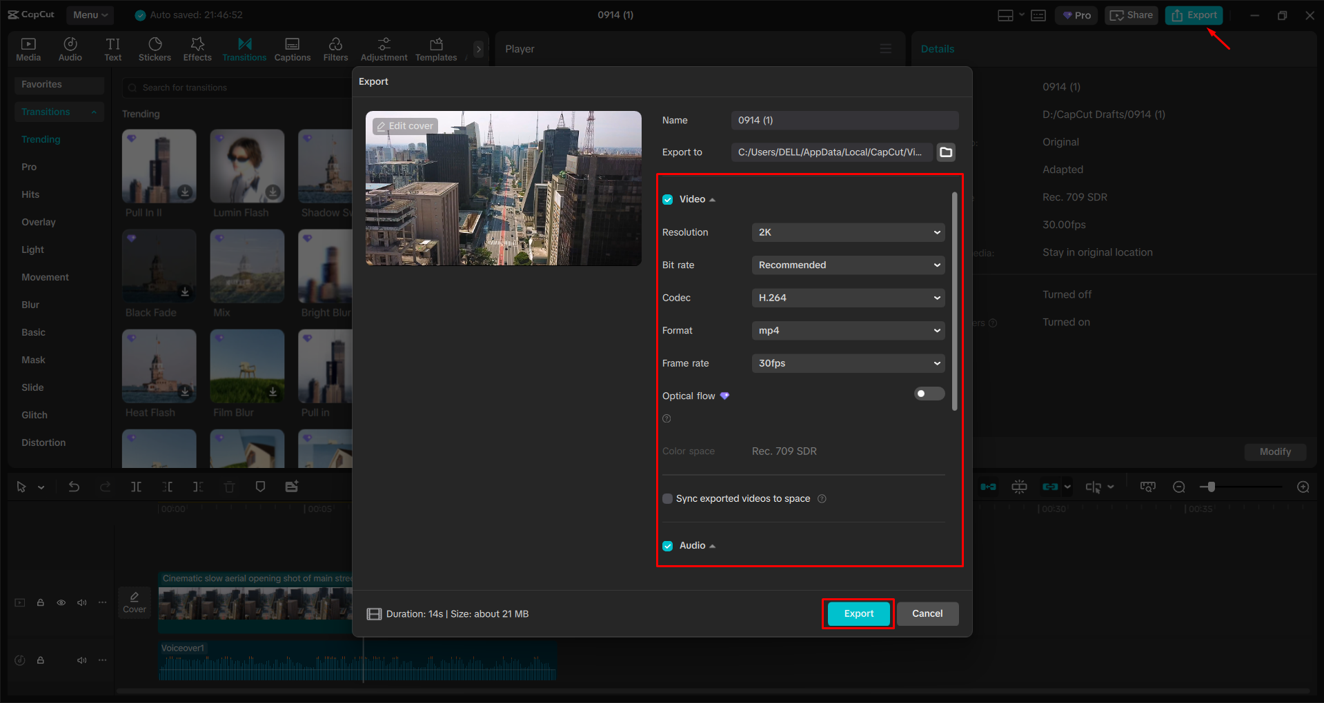 Esportazione di un video dall' CapCut editor video desktop