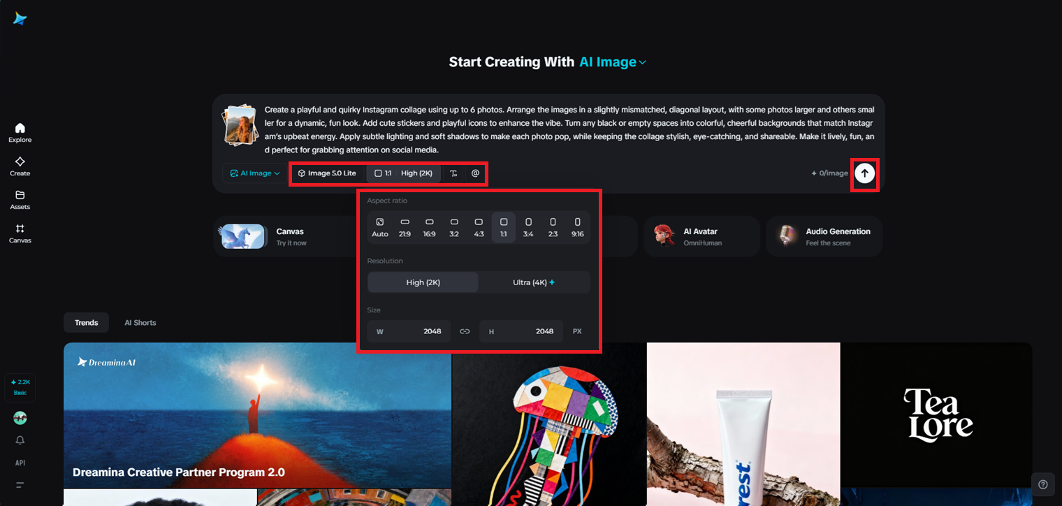 Select Seedream 5.0 and adjust settings