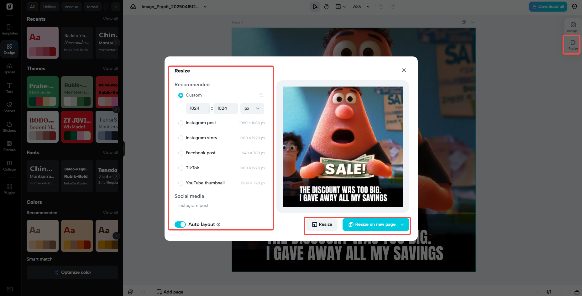 Pagpipilian sa pag-resize ng Pippit