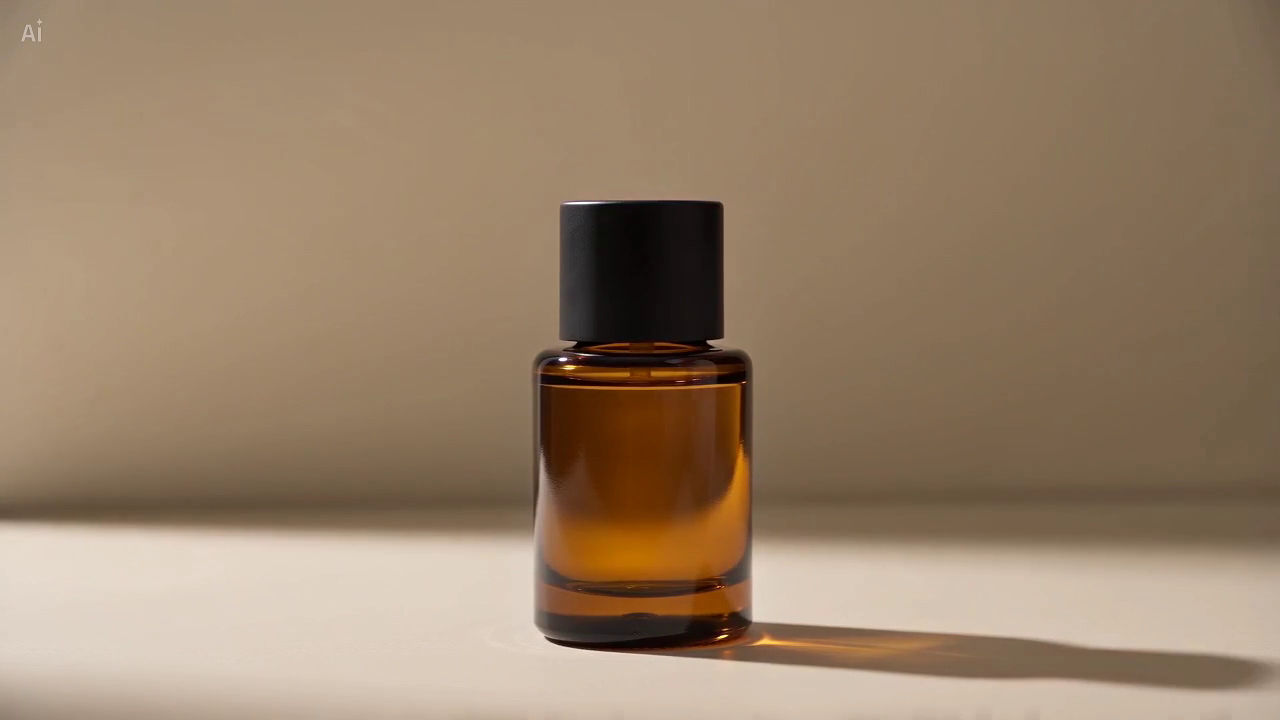 Final hold review frame of an amber bottle upright on a cream surface