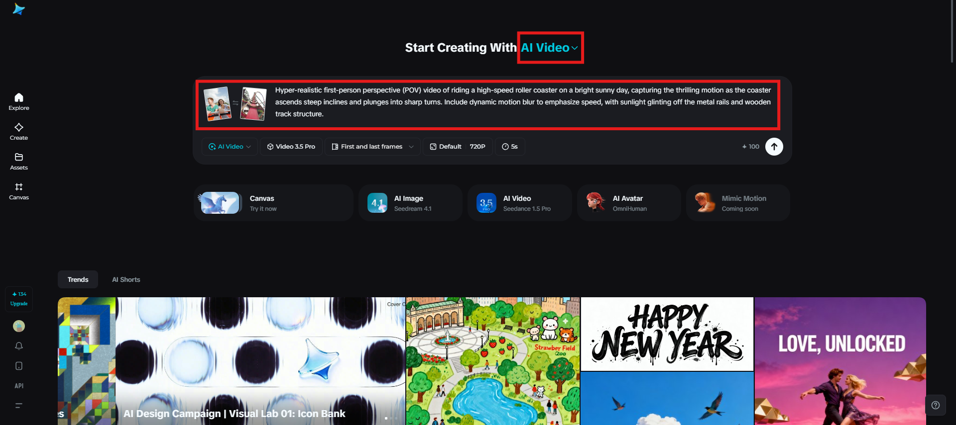 Accessing the "AI Video" feature in Dreamina