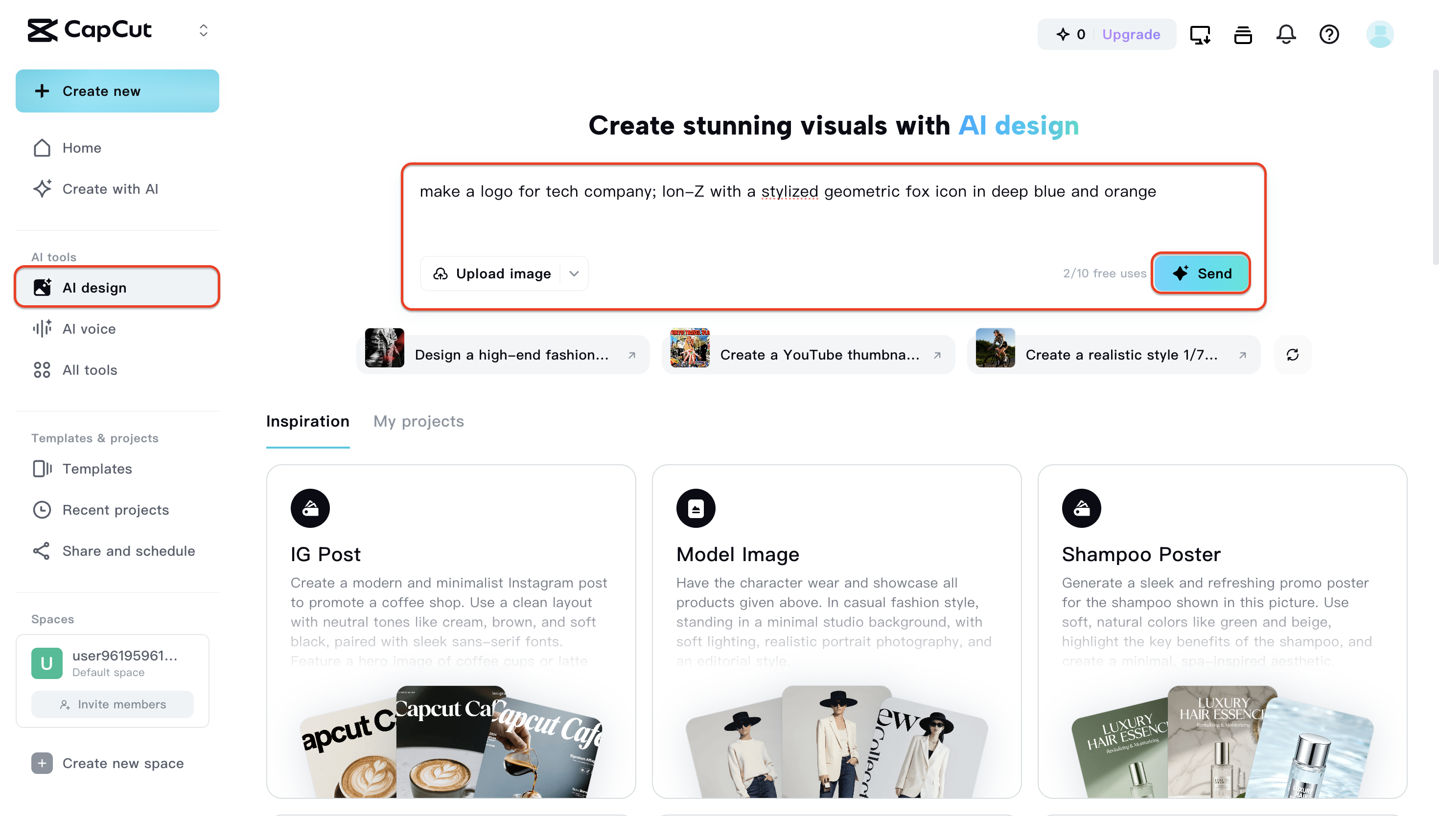 Přejděte do AI designu a zadejte svůj zadávací text