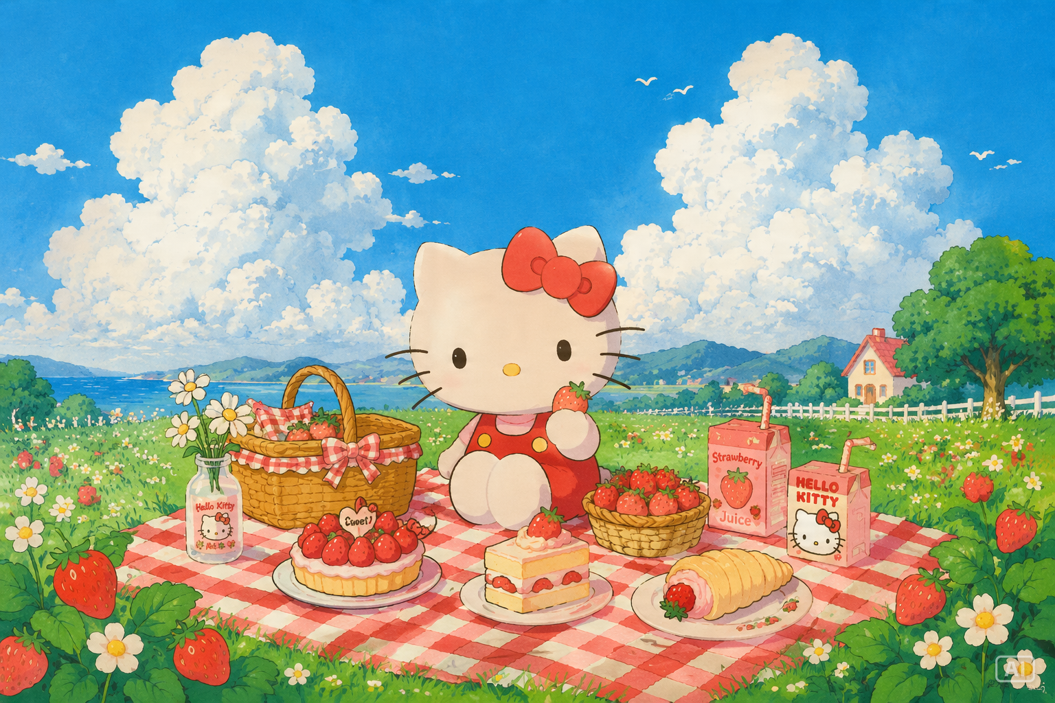 Hello Kitty strawberry picnic wallpaper generated by Pippit