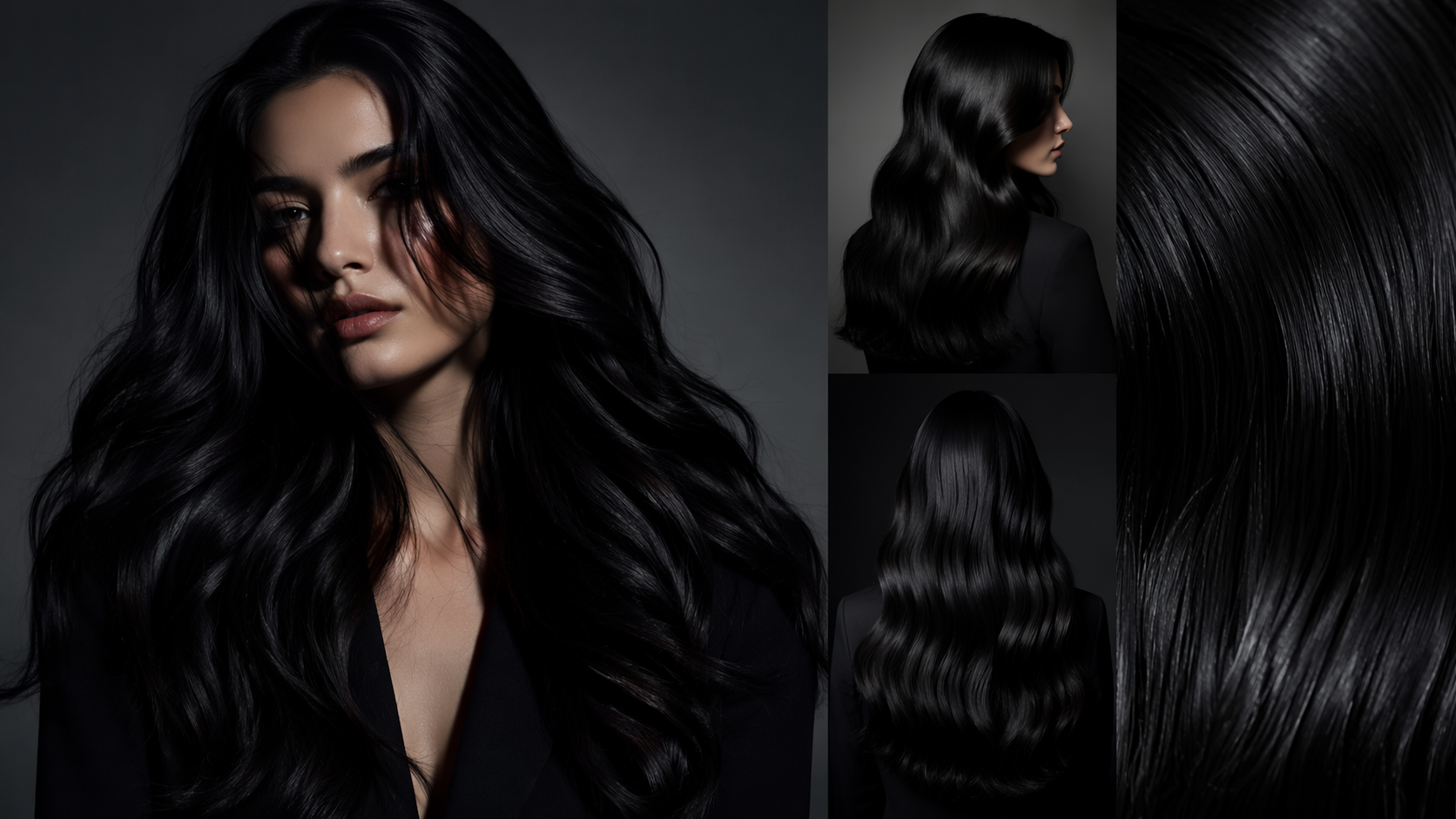 Dreamina black hair filter prompt example 5: Editorial Dark Hair Look