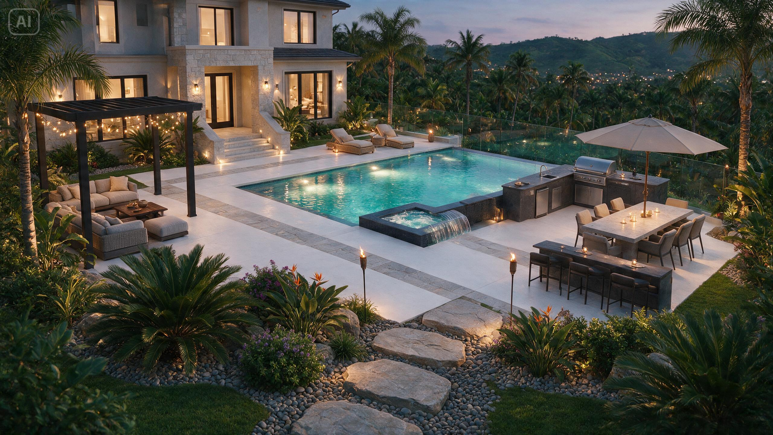Prompt for a modern backyard with a pool and outdoor kitchen for AI Backyard Design Creator: Plan Gardens, Patios, Pools, and More
