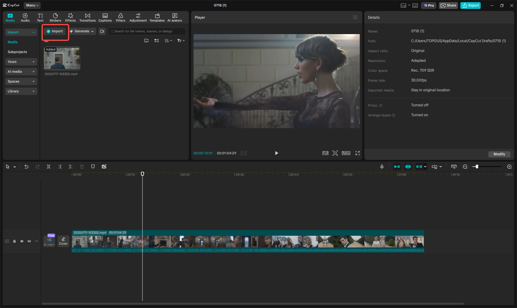 Importa file in CapCut