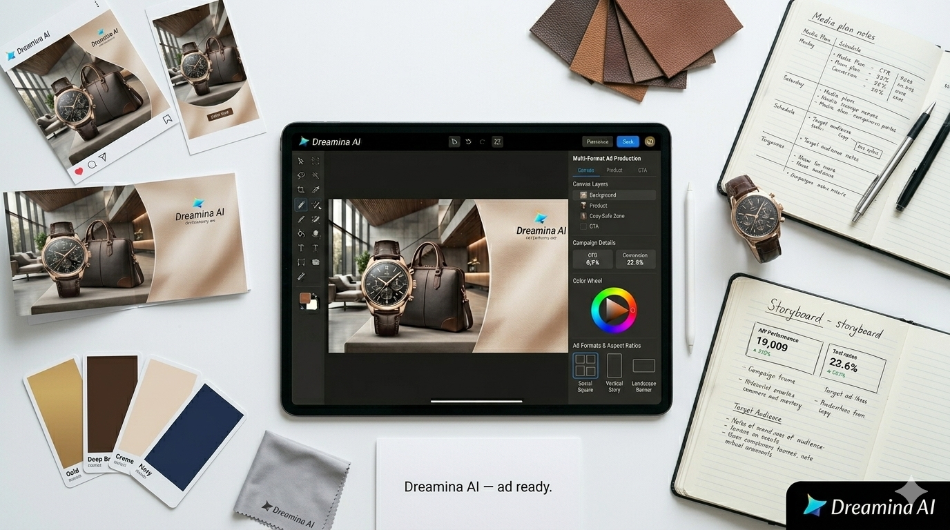 Dreamina AI generiert kommerzielle Werbekunst mit markenkonsistenter Grafik, filmischer Beleuchtung und mehrschichtiger Leinwandbearbeitung für Kampagnenheldenbilder.
