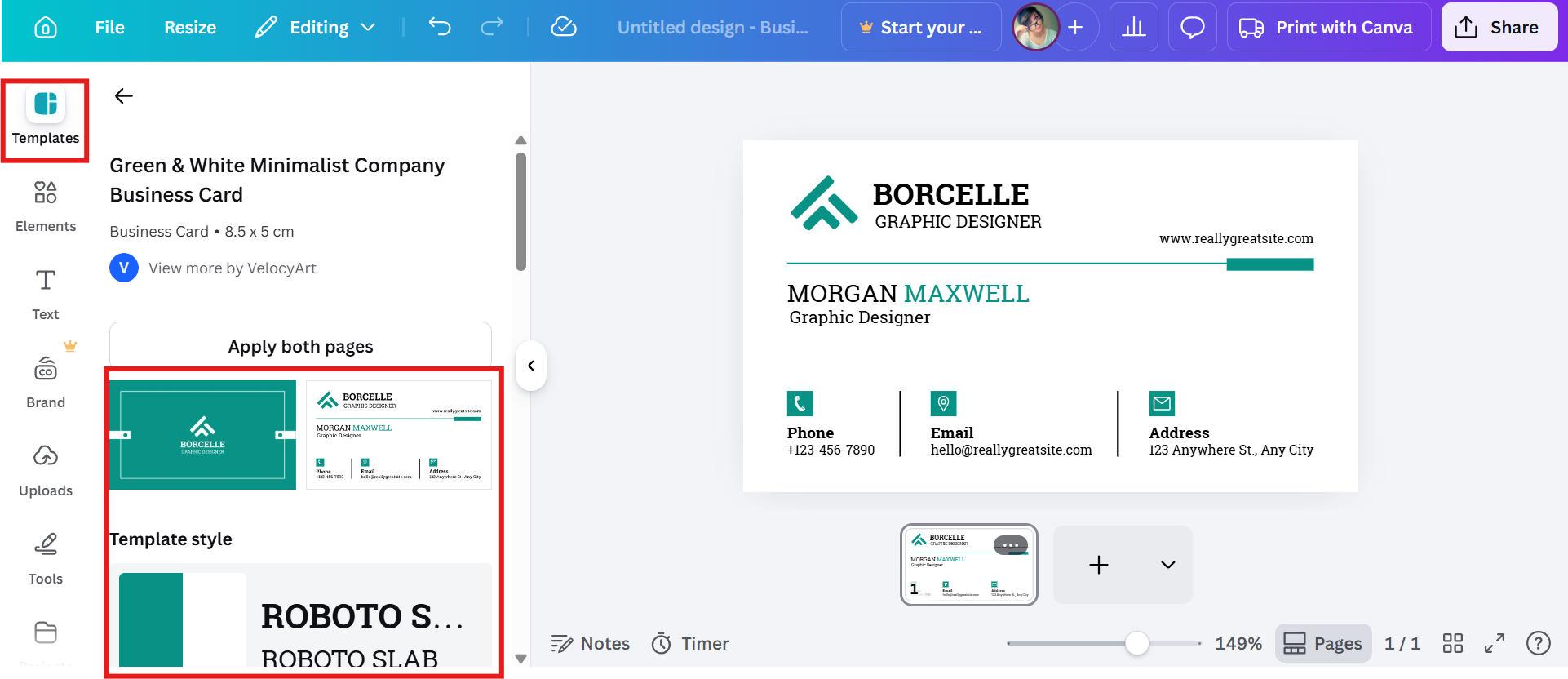 เลือกแม่แบบนามบัตรที่มี Canva