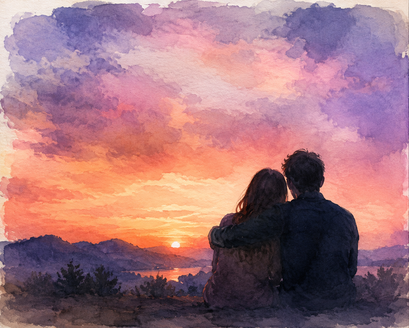 Dreamina watercolor couple photo prompt prompt example 4: Romantic Sky Wash