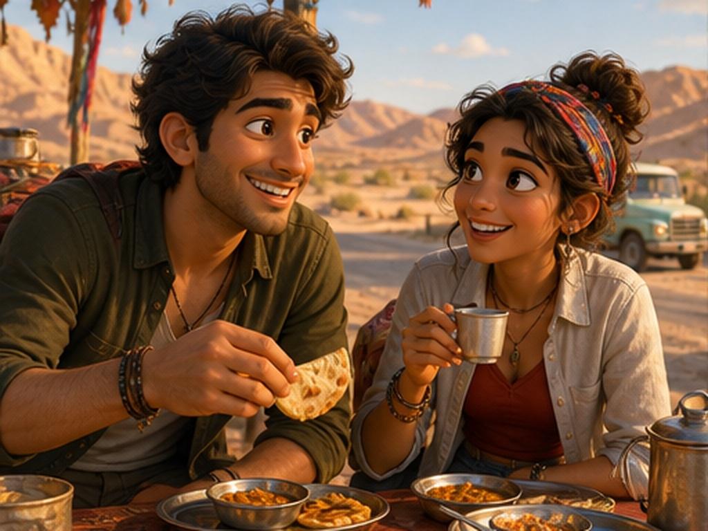 Motu Patlu Tour AI Video Prompt prompt example 4 - Desert food stop