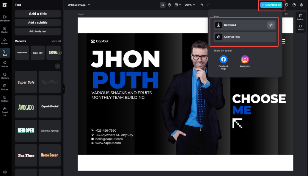 Esportare il biglietto da visita in CapCut