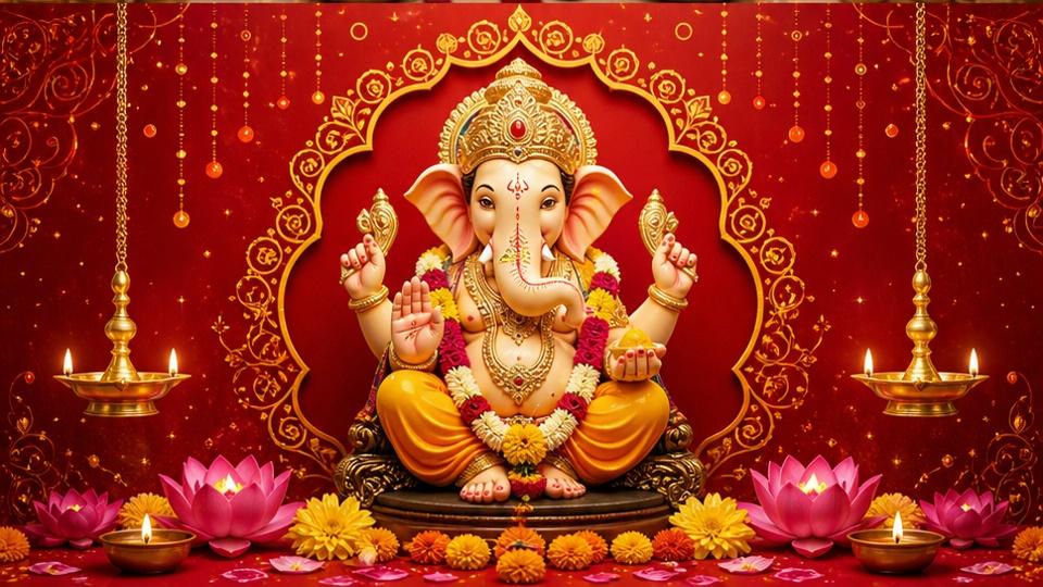 Vinayaka Chavithi AI Poster - un elegant detaliu de poster devoțional cu spațiu pentru text