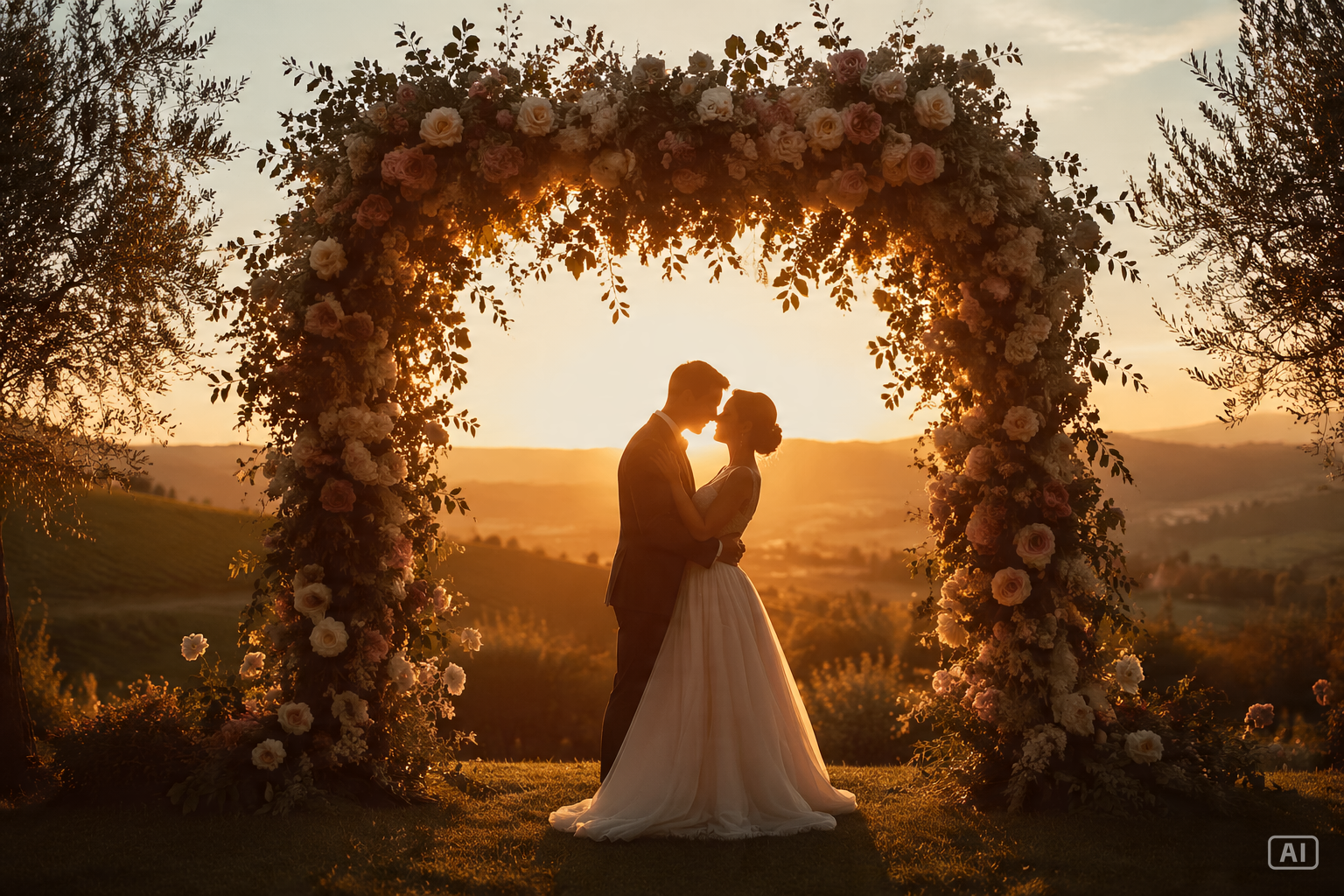 Couple under floral arch image generated by Pippit