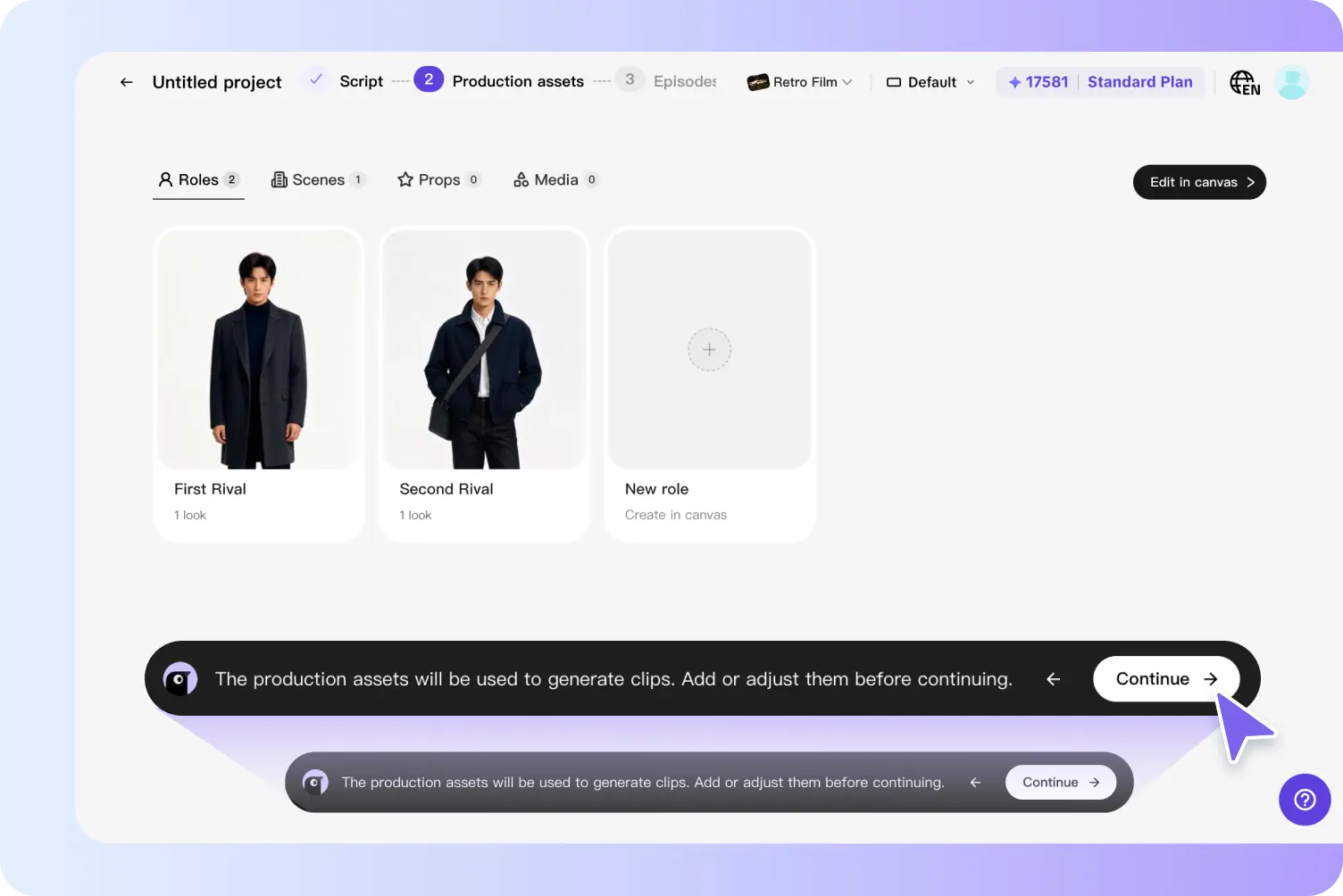 Adding roles, scenes, and media on Pippit Canvas