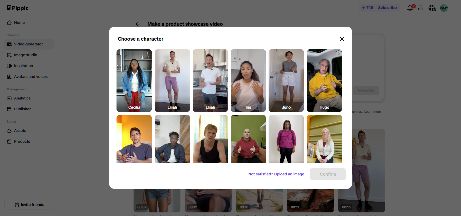 AI avatar kiválasztása egy termék tartásához a szerkesztőben