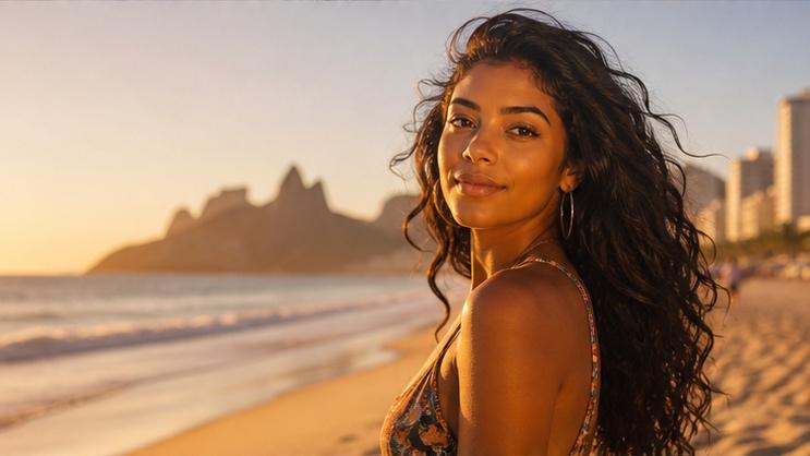 Golden-hour beach portrait of a fictional adult Brazilian woman